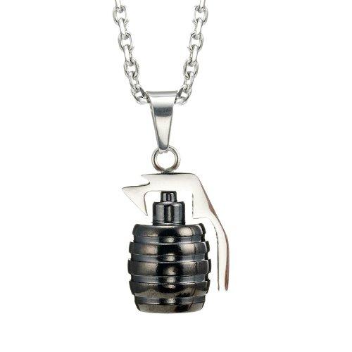 Stainless Steel Grenade Pendant Military Style Mens Necklace (Silver) 21 inches Chain