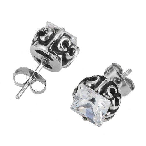 Vintage Men's Stud Earrings Stainless Steel Rectangular Cubic Zirconia, (Silver, Black, Clear CZ)