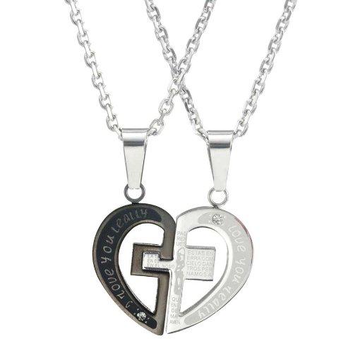 Stunning 2pcs His & Hers Couples Heart Cross Pendant Love Necklace Set Lover Valentine 18" & 21" Chain