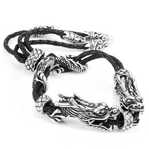 Stunning Genuine Leather Stainless Steel Double Dragon Bracelet (Adjustable, Black, Silver)