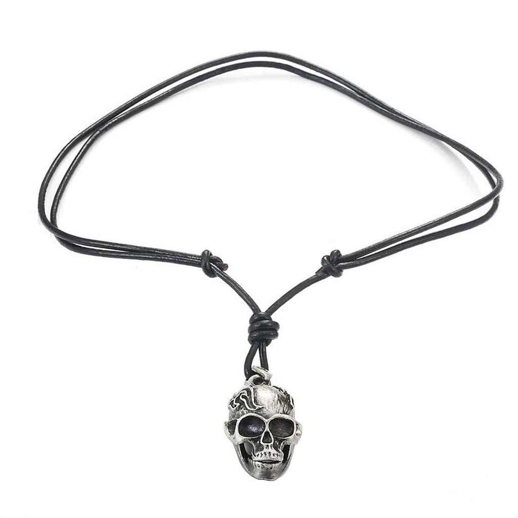 Men's Vintage Biker Style Skull Adjustable Black Genuine Leather Necklace