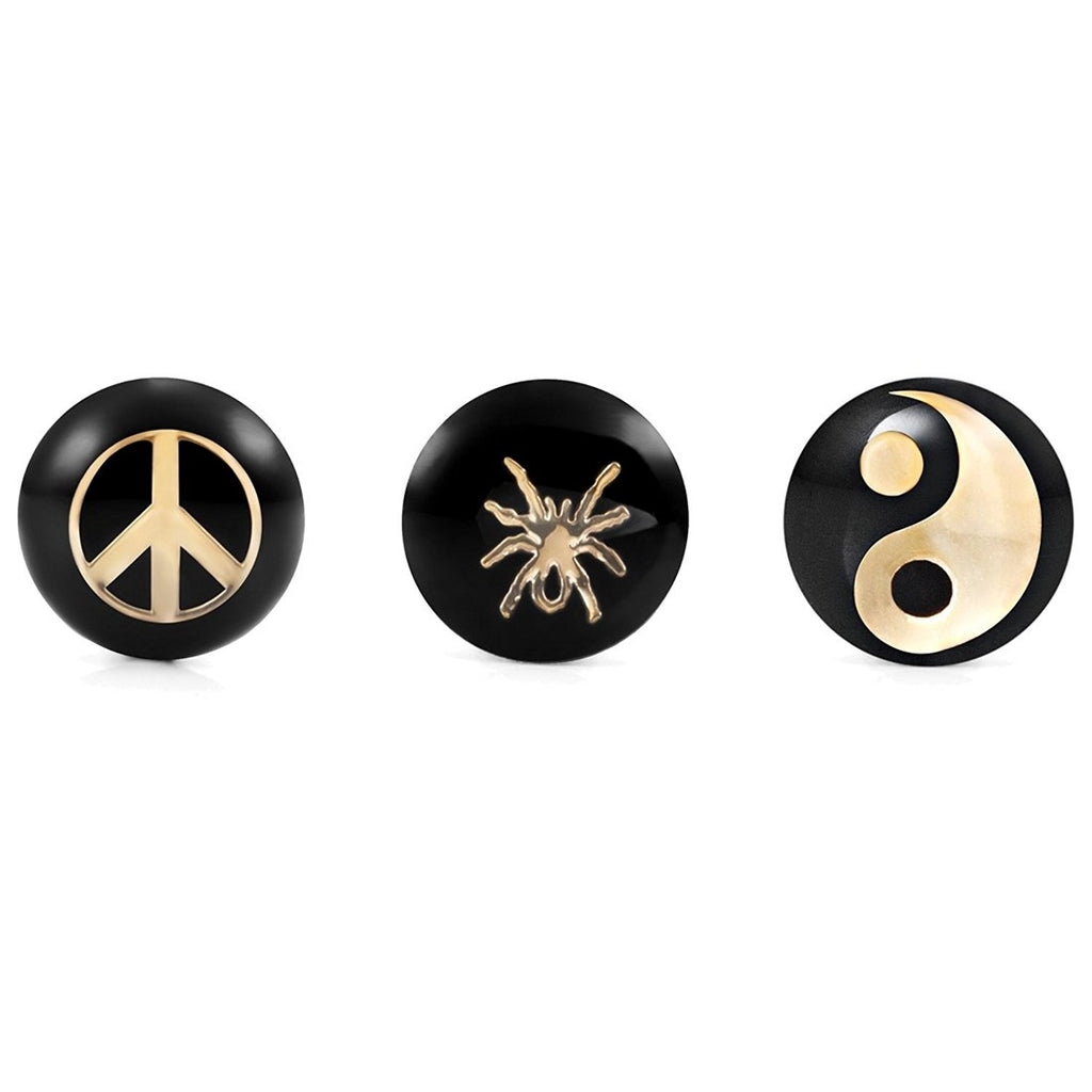 Mens Stainless Steel Stud Earrings 3 Pairs Set with 8mm Peace, Yin & Yang & Spider Symbol Designs