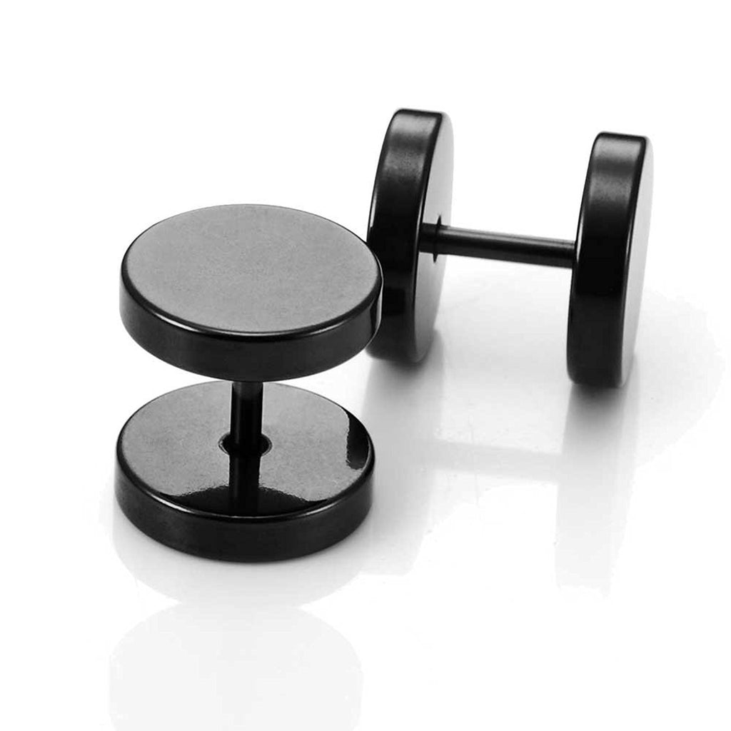 Stainless Steel Men's Stud Earrings Round Barbell Screw Back Ear Set, 2pcs, Black, 10mm