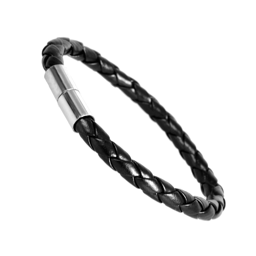 Trendy Men's Braided Genuine Leather Cuff Bracelet Magnet Stainless Steel (Black)