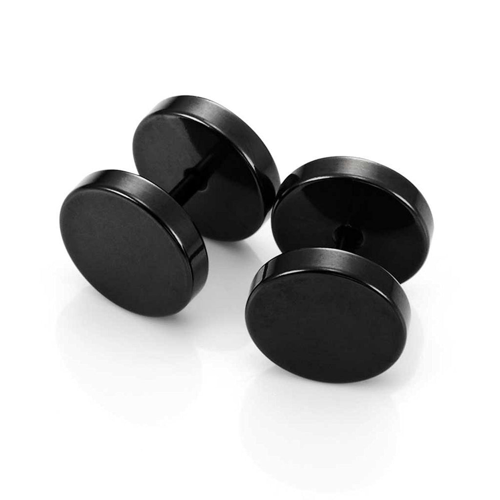 Stainless Steel Men's Stud Earrings Round Barbell Screw Back Ear Set, 2pcs, Black, 10mm