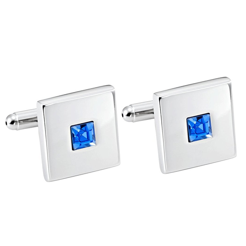 Stainless Steel Silver Square Cufflinks with Blue Cubic Zirconia Stone