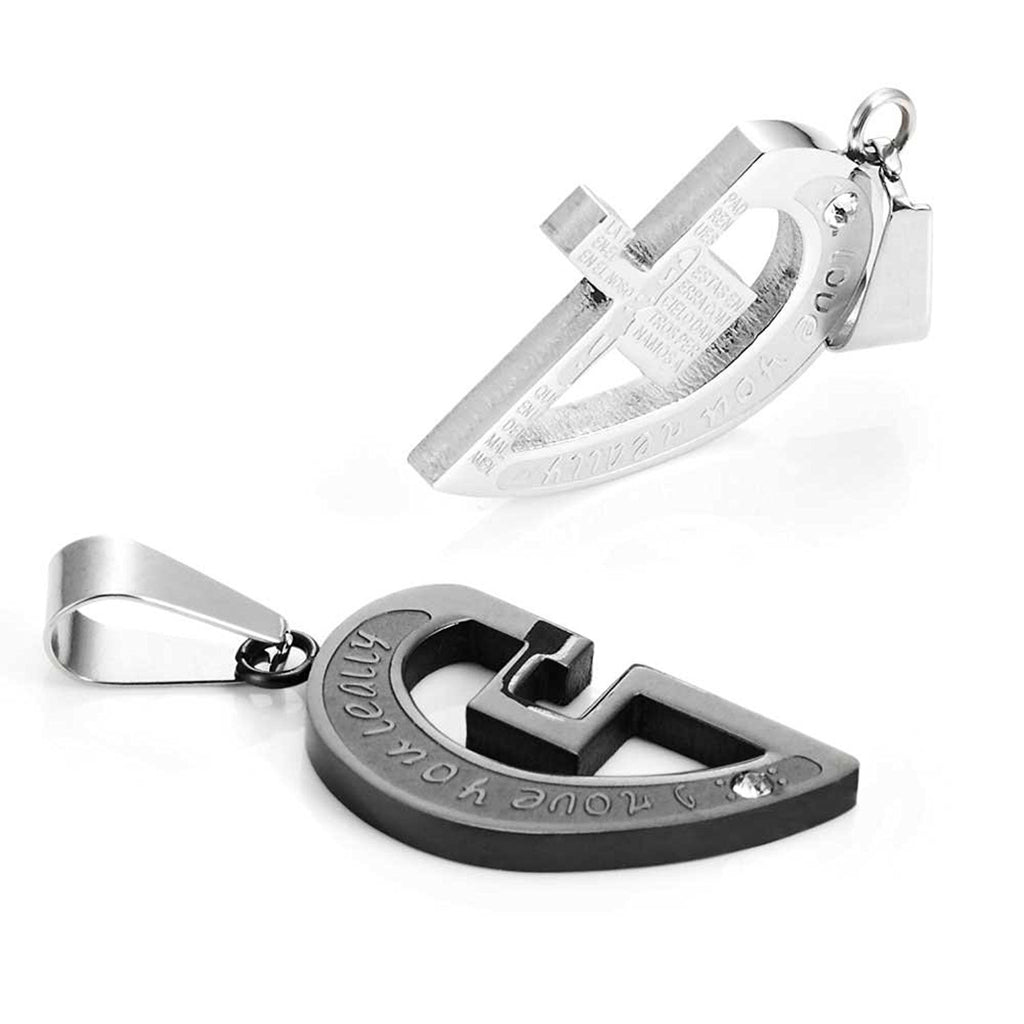 Stunning 2pcs His & Hers Couples Heart Cross Pendant Love Necklace Set Lover Valentine 18" & 21" Chain