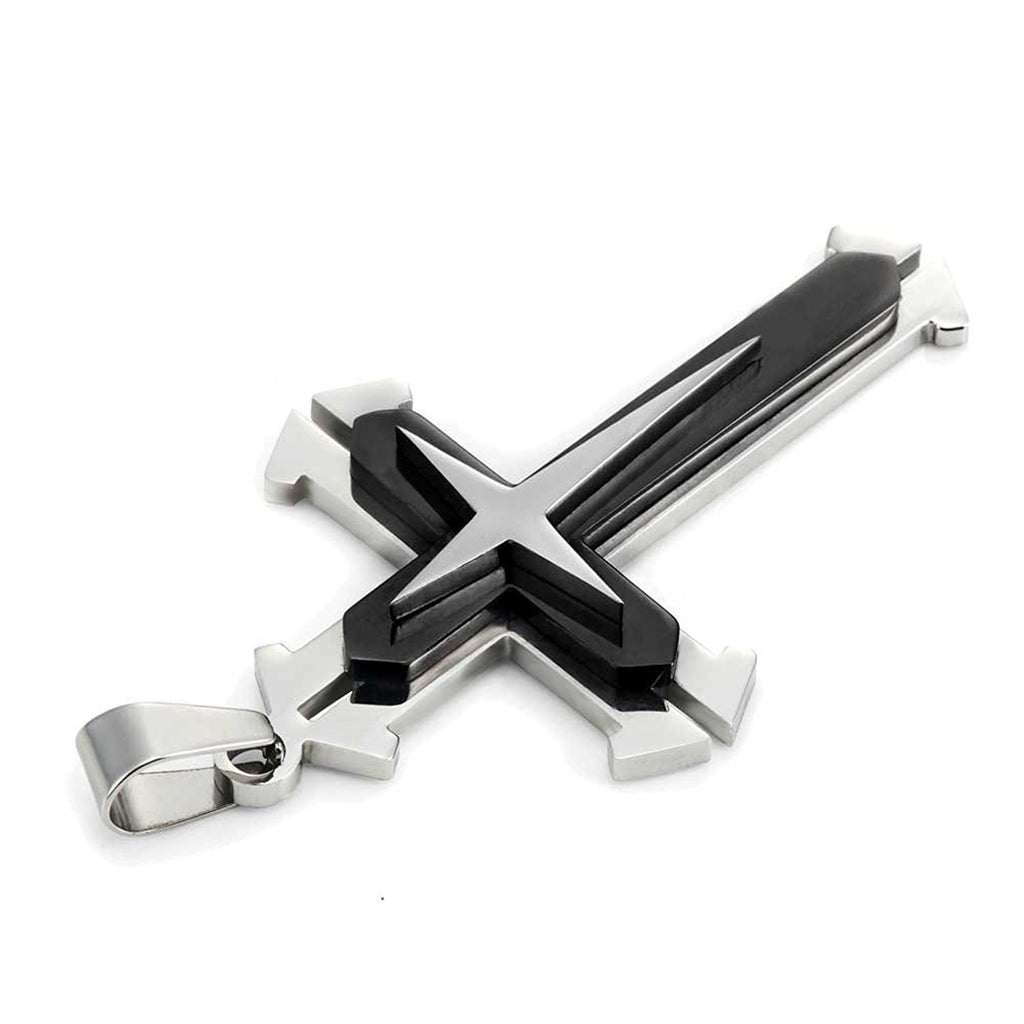 Mens Polished 316L Stainless Steel Star Cross Necklace Pendant - Black & Silver, 21 Inch Chain