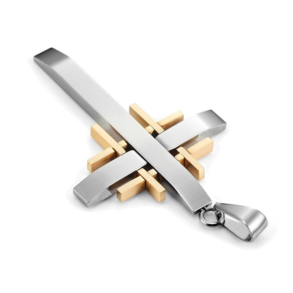 Mens Polished 2-Tone Stainless Steel Cross Necklace Pendant 21" Chain (Gold, Silver)