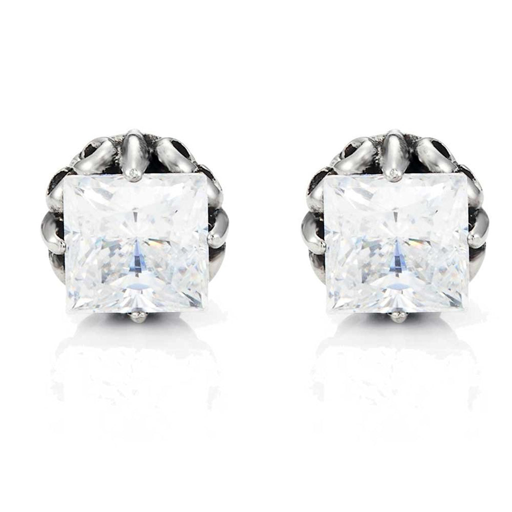 Vintage Men's Stud Earrings Stainless Steel Rectangular Cubic Zirconia, (Silver, Black, Clear CZ)