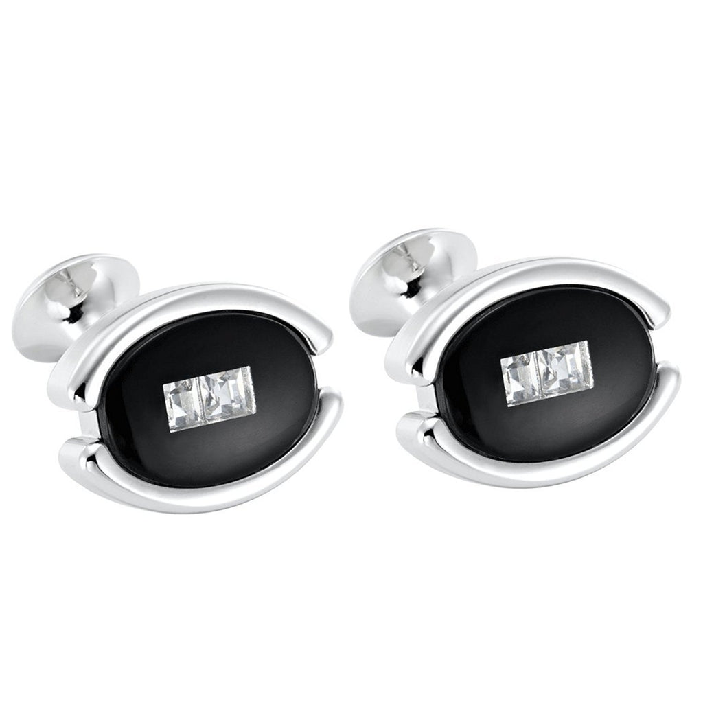 Unique Mens Stainless Steel Cufflinks Oval Cubic Zirconia Eye Cuff Links (Black)
