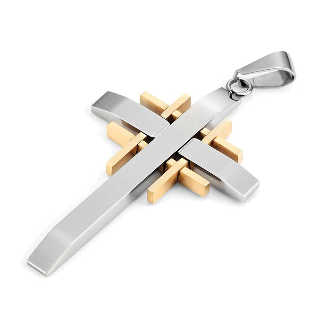 Mens Polished 2-Tone Stainless Steel Cross Necklace Pendant 21" Chain (Gold, Silver)