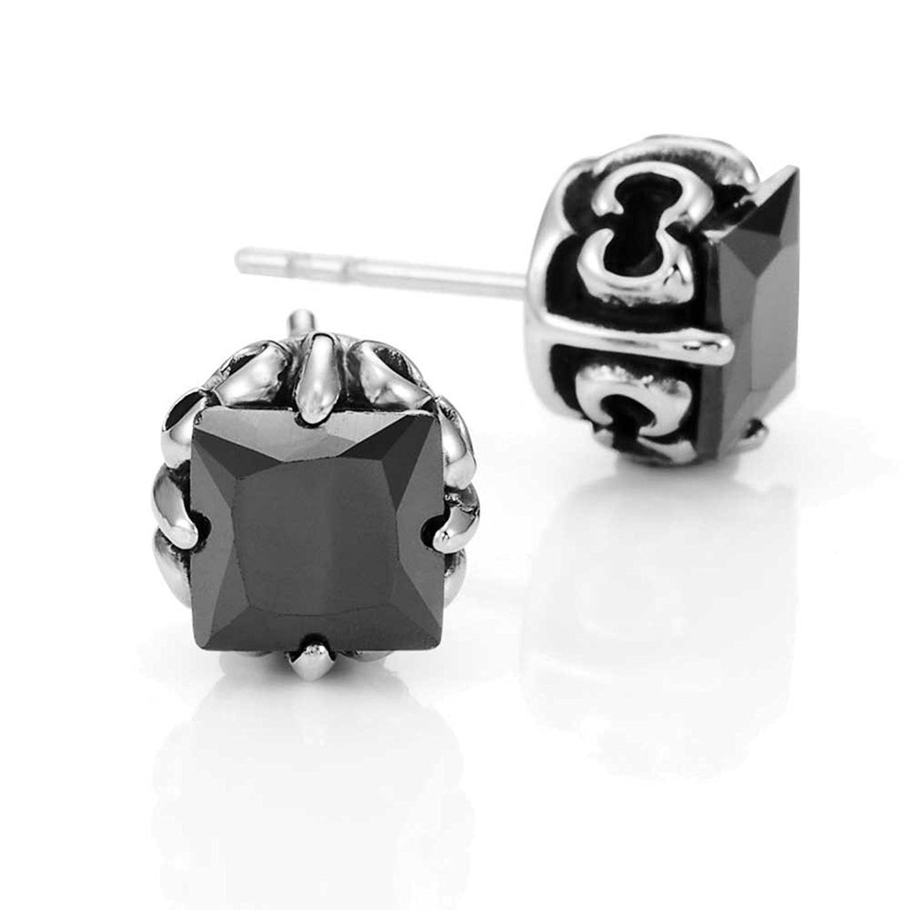 Vintage Men's Stud Earrings Stainless Steel Rectangular Cubic Zirconia (Silver, Black, 10mm)