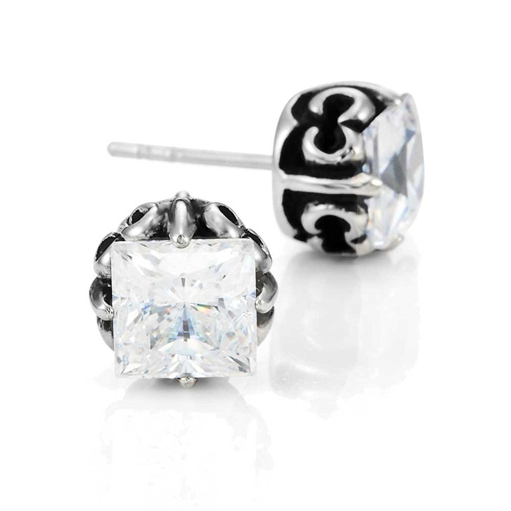 Vintage Men's Stud Earrings Stainless Steel Rectangular Cubic Zirconia, (Silver, Black, Clear CZ)