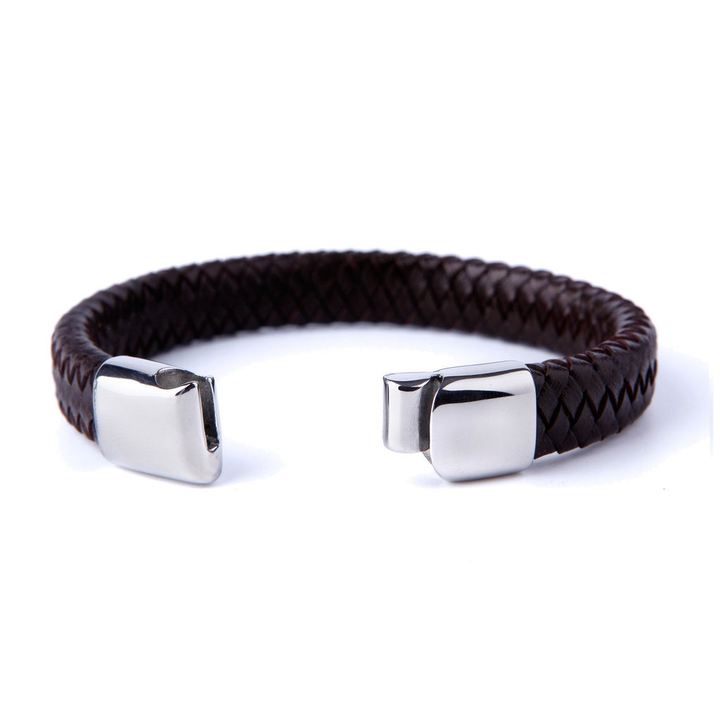Men's Deep Brown Braided Genuine Leather Cuff Bracelet with Elegant 316L Stainless Steel Clasp