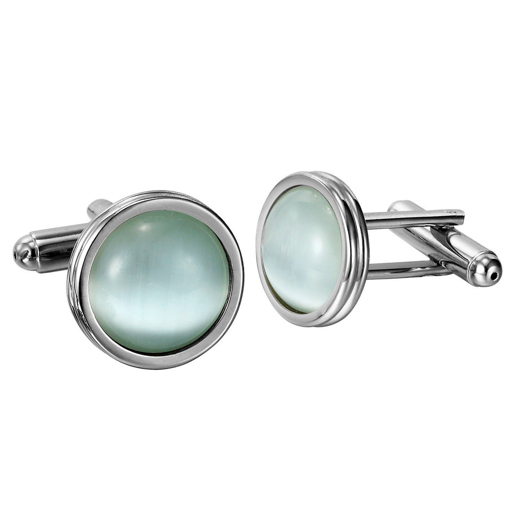 Stunning Round Blue Created-Opal & Stainless Steel Cufflinks for Men (Silver)