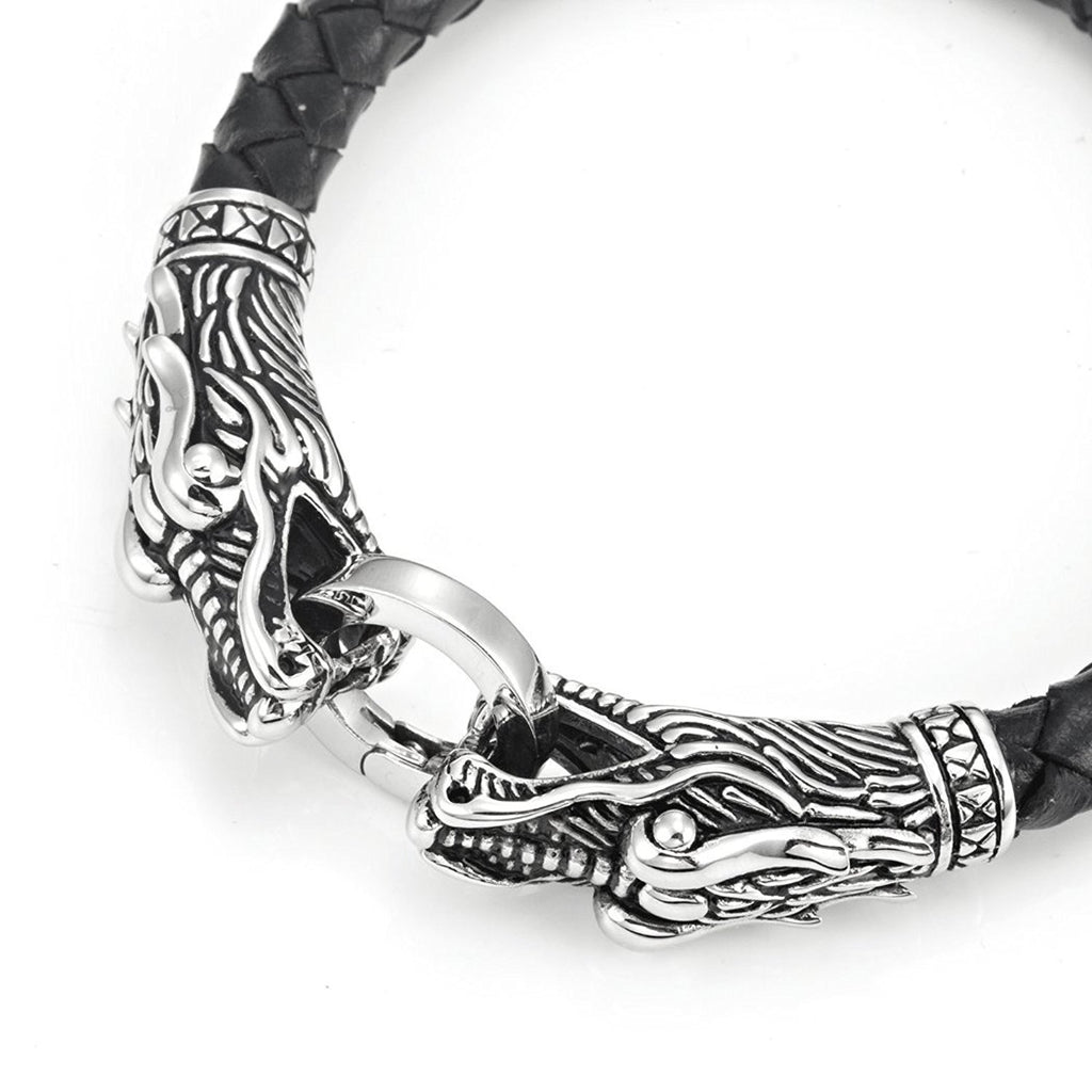 Leather Mens Bracelet 8 1/2 Inches with Locking Stainless Steel Dragon Head Clasp, Black Silver