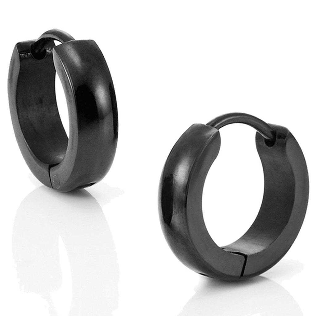 Mens Black Stainless Steel Hinged Hoop Earrings 10mm