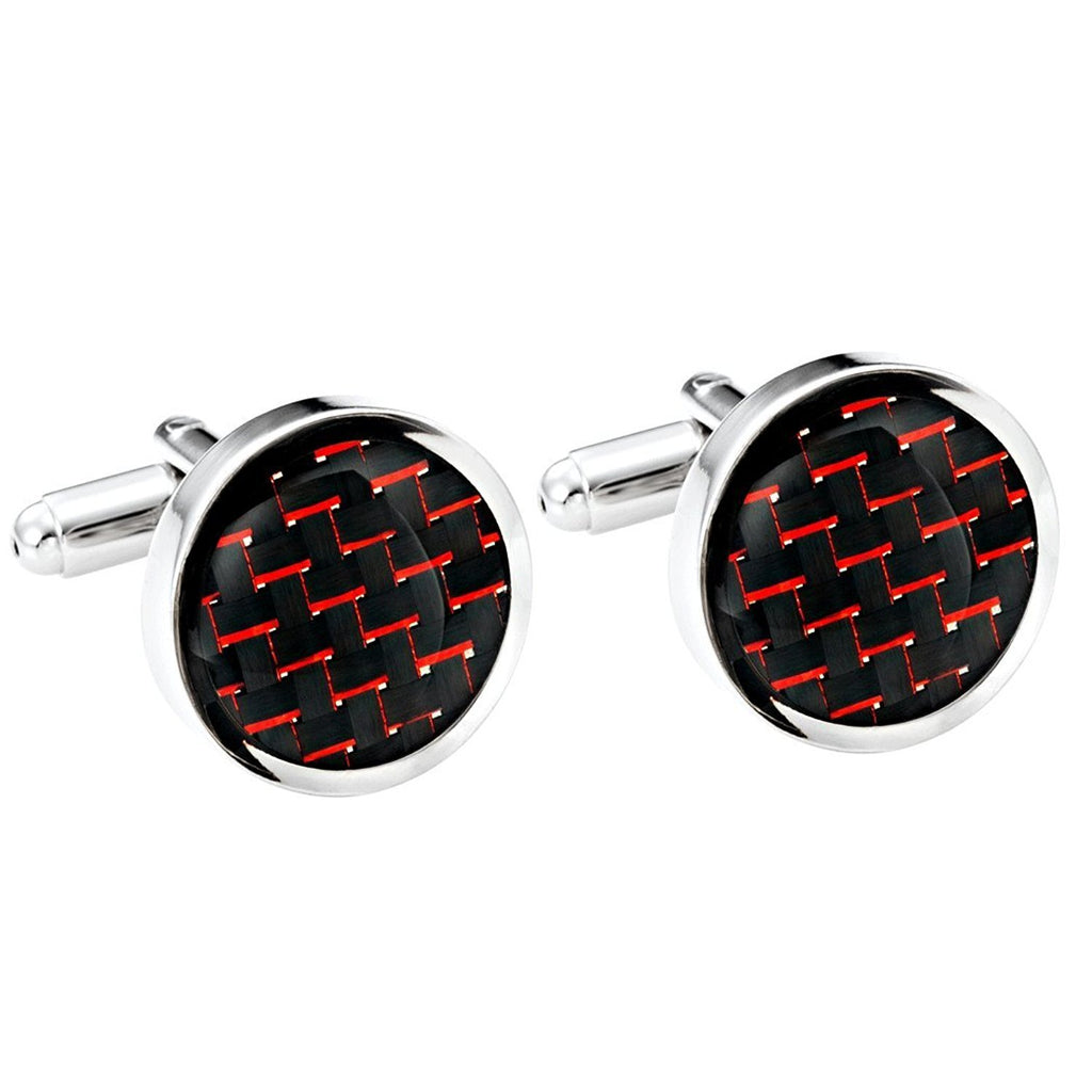 Titanium Men's Cufflinks Black & Red Carbon Fiber Round Polished