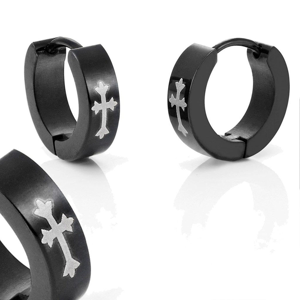 Stainless Steel Cross Design Huggie Hoop Earrings - Various Designs, Black, 10mm