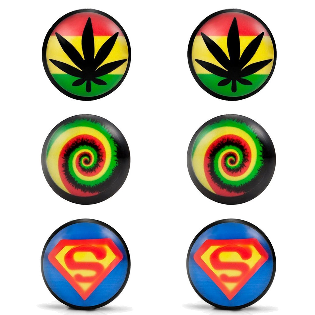 Mens Stainless Steel Stud Earrings 3 Pairs Set with Acrylic Hemp, Rasta Swirl & Superman Designs