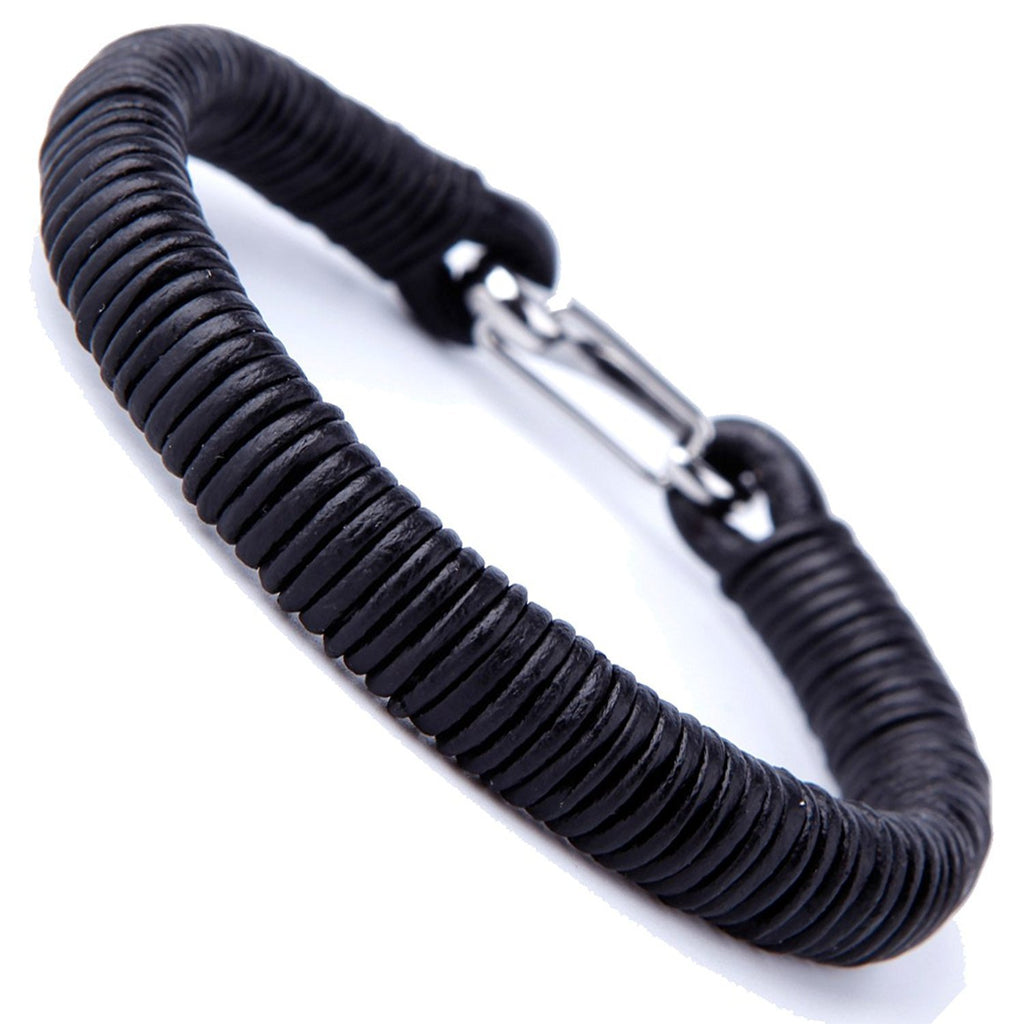 Impressive Men's Black Cord Loops Genuine Leather Cuff Bracelet with Stainless Steel Clasp