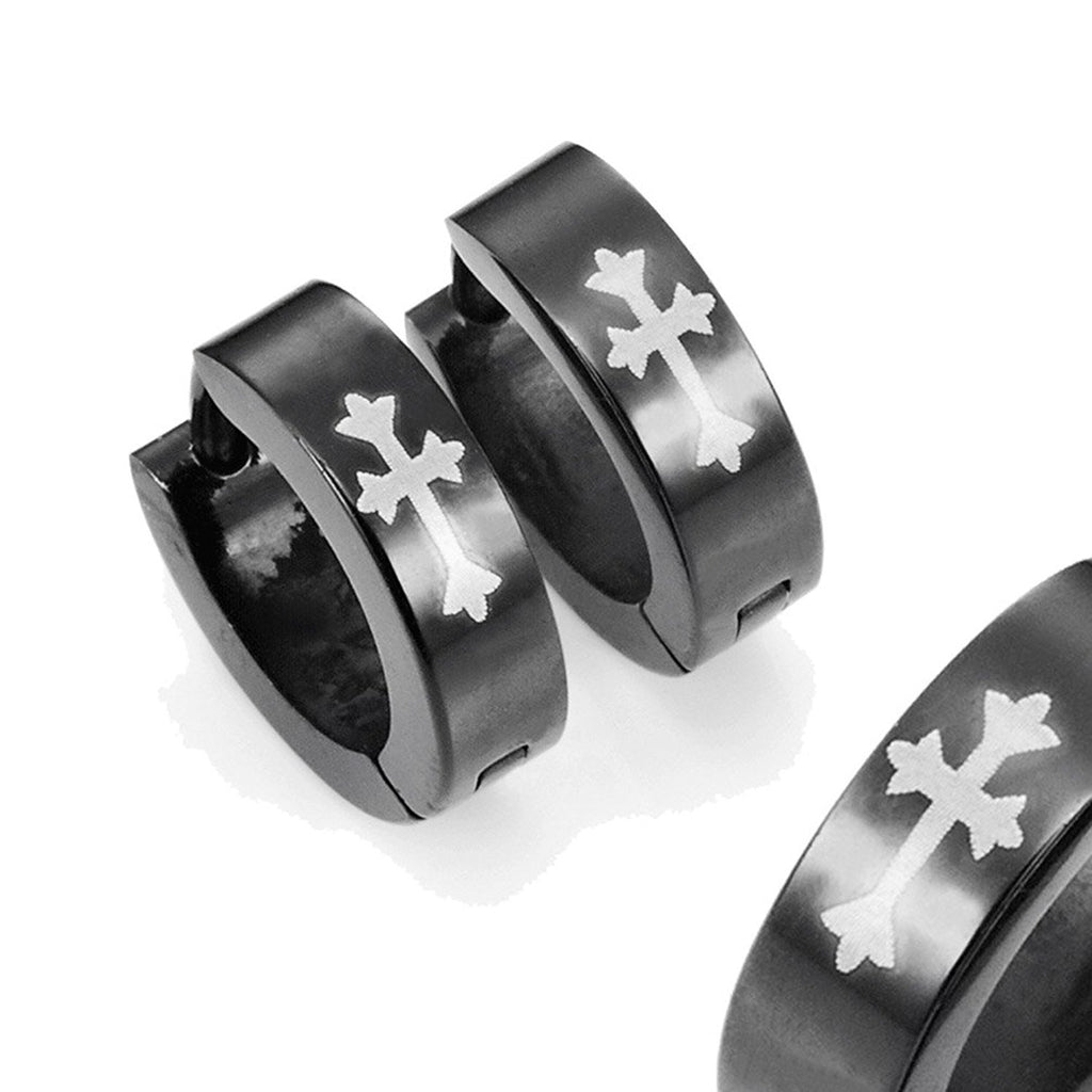 Stainless Steel Cross Design Huggie Hoop Earrings - Various Designs, Black, 10mm