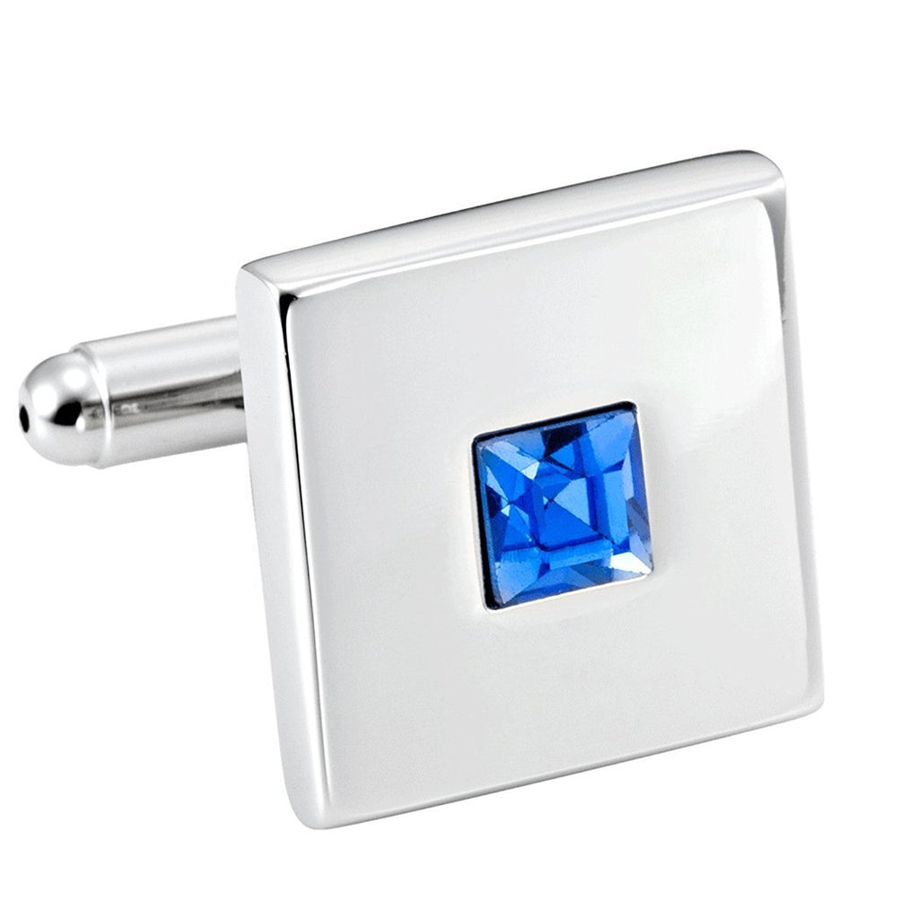 Stainless Steel Silver Square Cufflinks with Blue Cubic Zirconia Stone