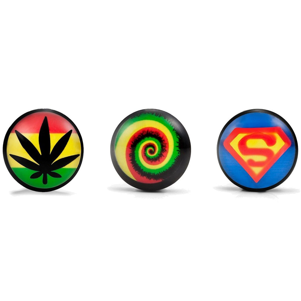 Mens Stainless Steel Stud Earrings 3 Pairs Set with Acrylic Hemp, Rasta Swirl & Superman Designs