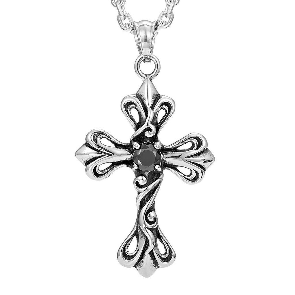 Vintage Royalty Celtic Shield Cross Necklace Pendant, Cubic Zirconia Silver Black