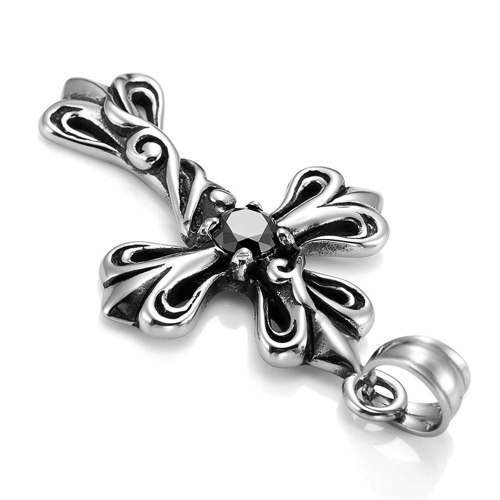 Vintage Royalty Celtic Shield Cross Necklace Pendant, Cubic Zirconia Silver Black