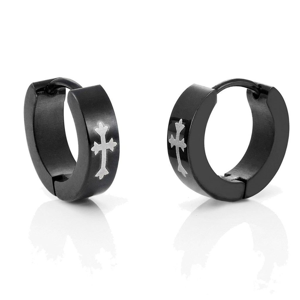 Stainless Steel Cross Design Huggie Hoop Earrings - Various Designs, Black, 10mm