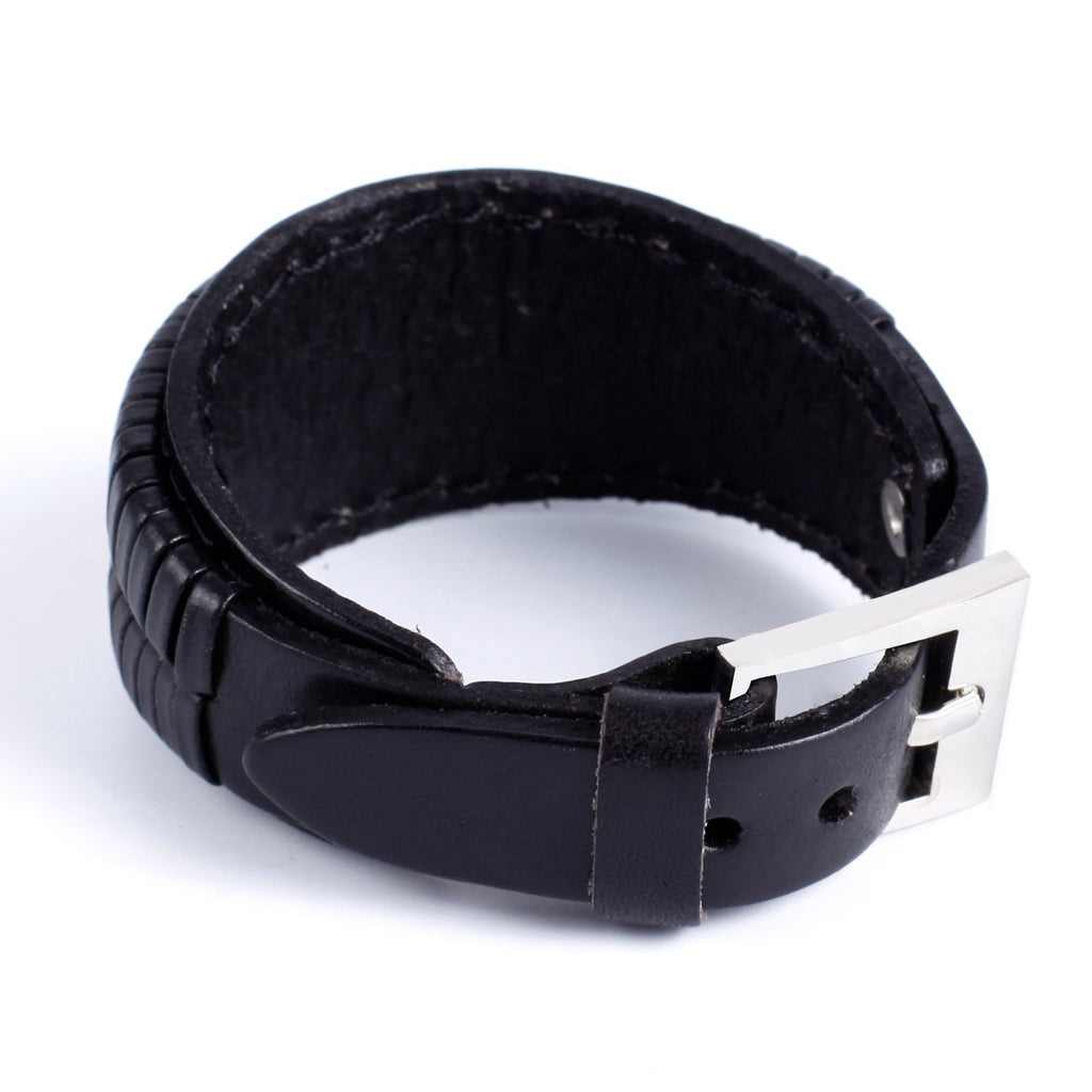 Elegant Coal Black Cuff Genuine Leather Bracelet for Men (Metal Buckle Clasp)