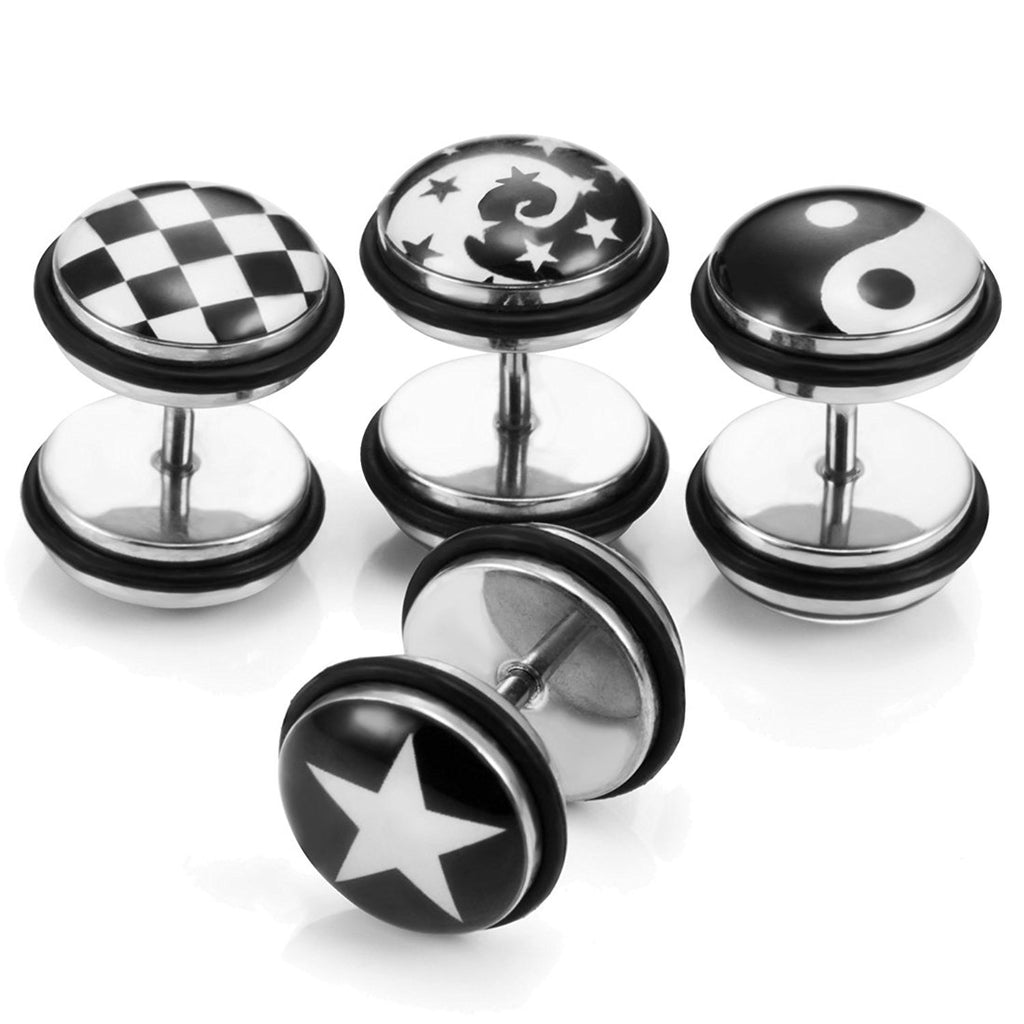 Mens 4 Pairs Stainless Steel Stud Earrings Set with Star, Swirl, Checkered & Yin & Yang Designs