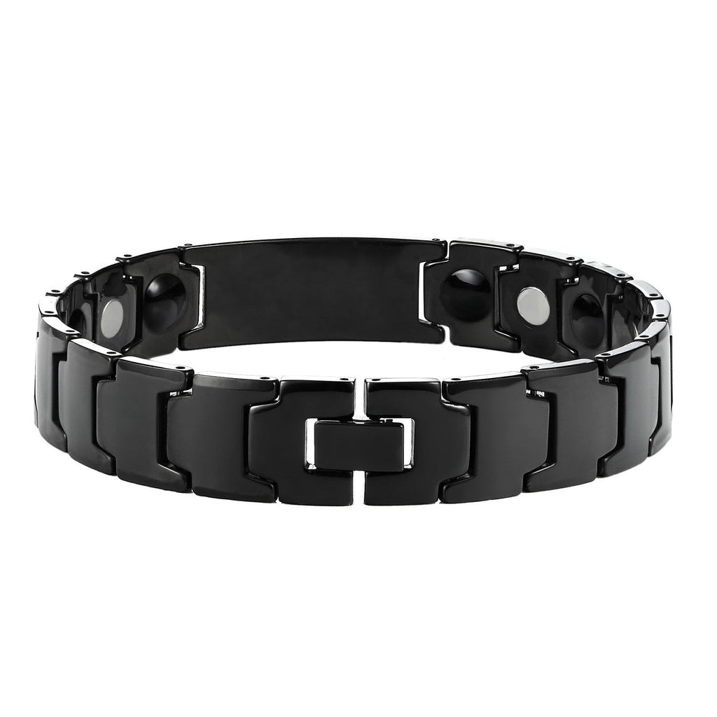 Elegant Black Solid Tungsten Link Bracelet with Magnet & 5 Cubic Zirconia Stone
