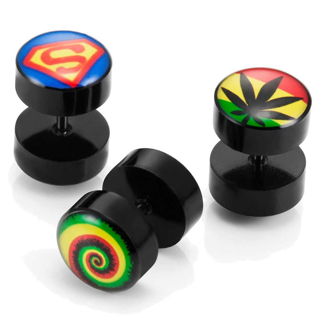 Mens Stainless Steel Stud Earrings 3 Pairs Set with Acrylic Hemp, Rasta Swirl & Superman Designs