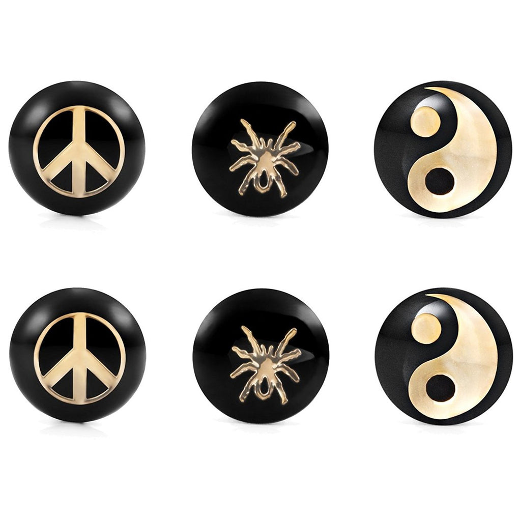 Mens Stainless Steel Stud Earrings 3 Pairs Set with 8mm Peace, Yin & Yang & Spider Symbol Designs