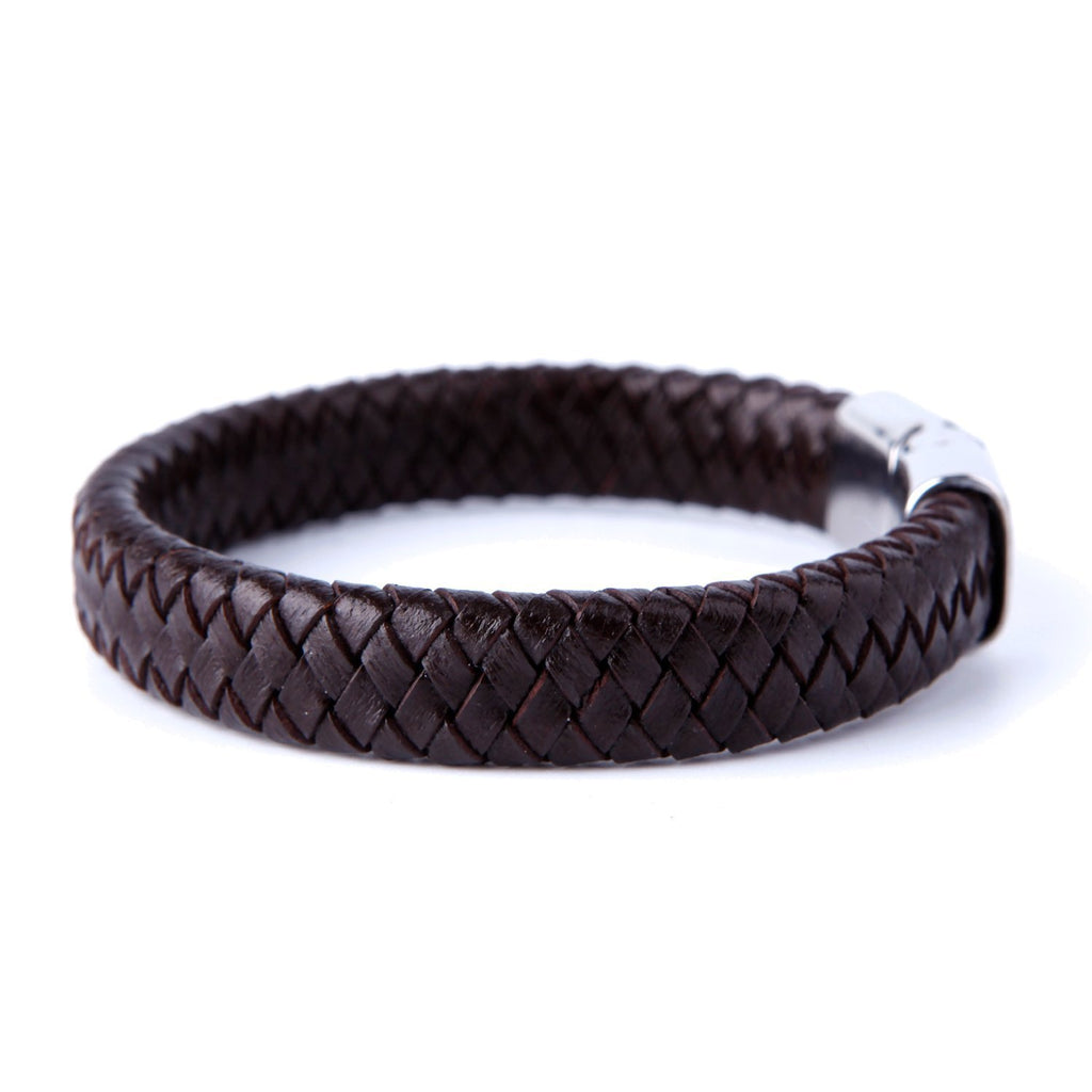 Men's Deep Brown Braided Genuine Leather Cuff Bracelet with Elegant 316L Stainless Steel Clasp
