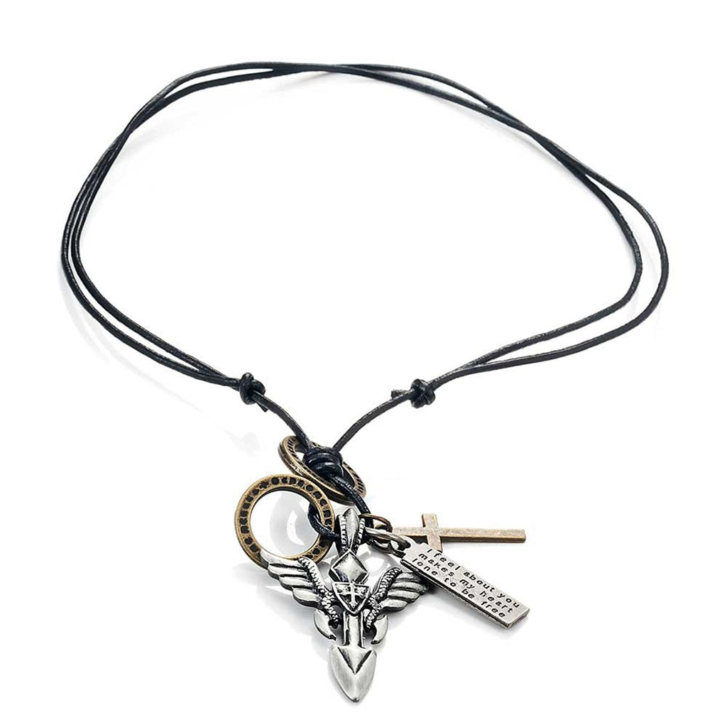 Vintage Royalty Angel's Wing Shield Cross Men's Leather Necklace