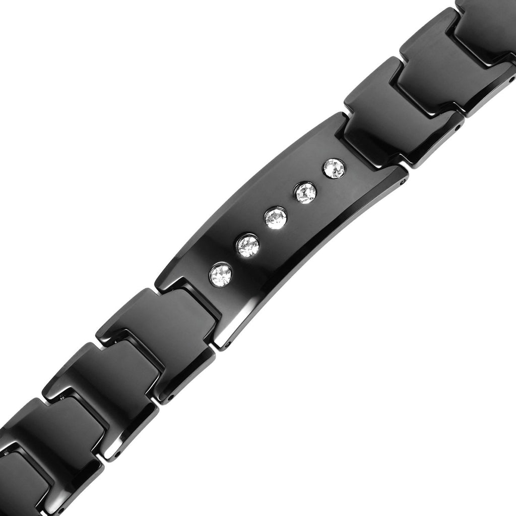 Elegant Black Solid Tungsten Link Bracelet with Magnet & 5 Cubic Zirconia Stone
