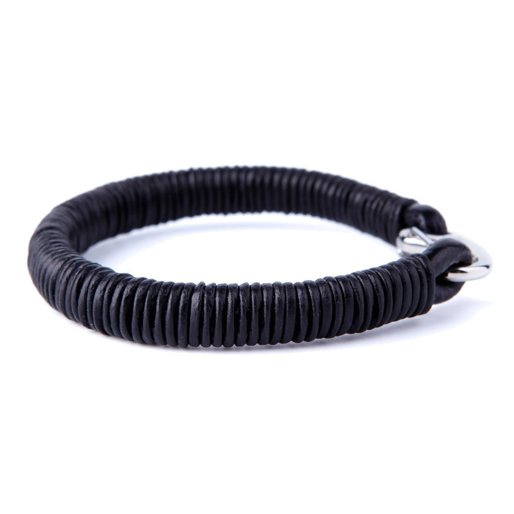 Impressive Men's Black Cord Loops Genuine Leather Cuff Bracelet with Stainless Steel Clasp