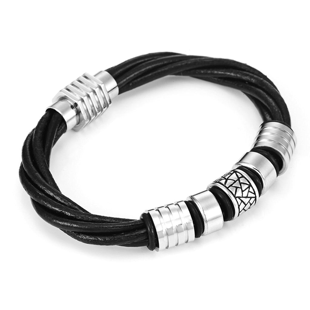 Trendy Black Genuine Leather Biker Mens Bracelet with Magnetic Stainless Steel Clasp, 8"