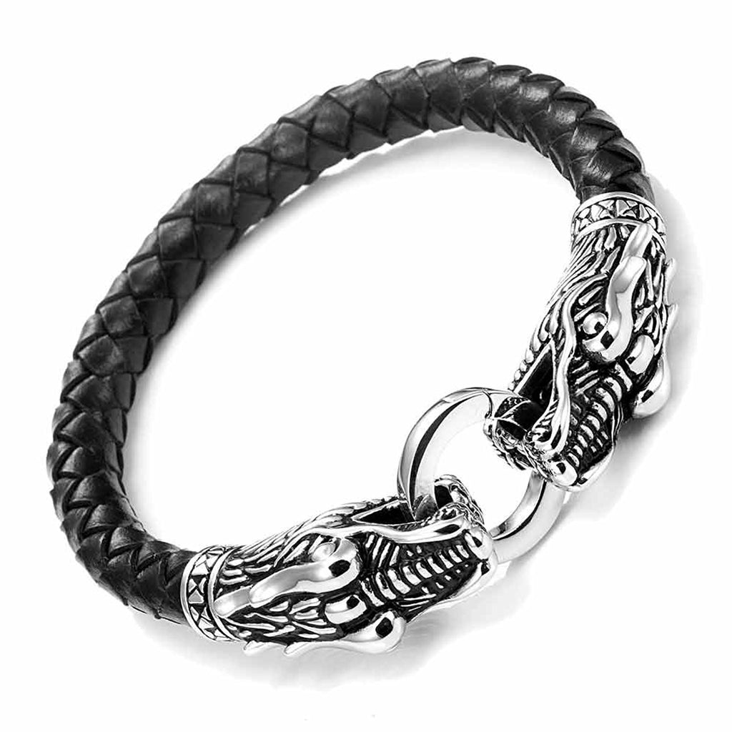 Leather Mens Bracelet 8 1/2 Inches with Locking Stainless Steel Dragon Head Clasp, Black Silver