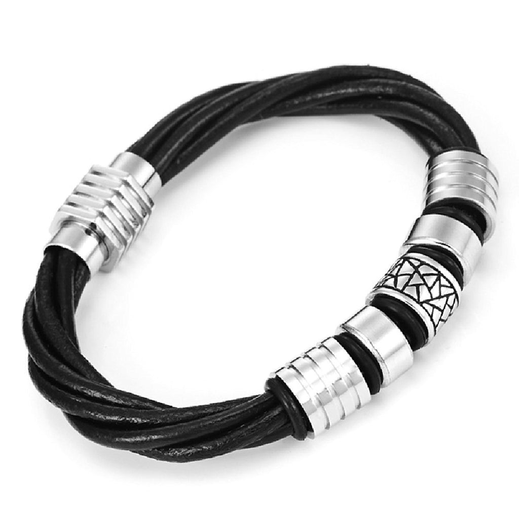 Trendy Black Genuine Leather Biker Mens Bracelet with Magnetic Stainless Steel Clasp, 8"