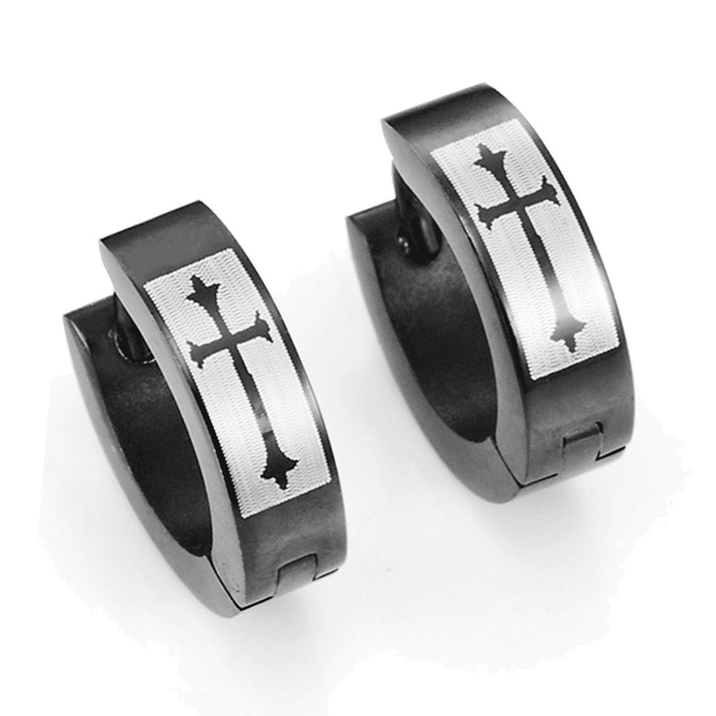 Men's 316L Stainless Steel Black Hoop Huggie Earrings with Gothic Medieval Cross 10mm