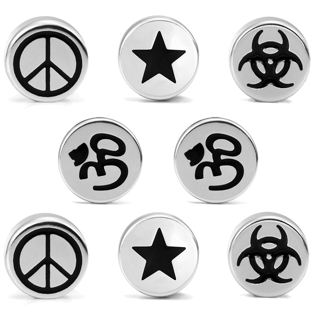 Mens 4 Pairs Stainless Steel Barbell Stud Earrings Set with Om, Radioactive, Peace Sign & Star Designs