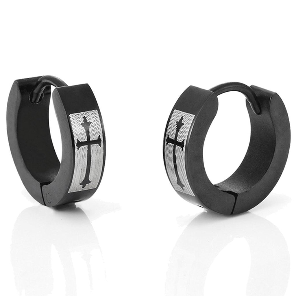 Men's 316L Stainless Steel Black Hoop Huggie Earrings with Gothic Medieval Cross 10mm