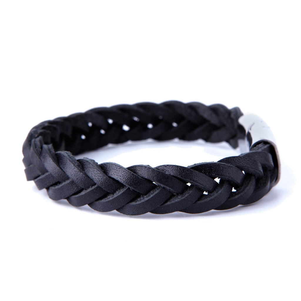 Unique Braided Black Cuff Leather Bracelet for Men with Elegant Stainless Steel Clasp