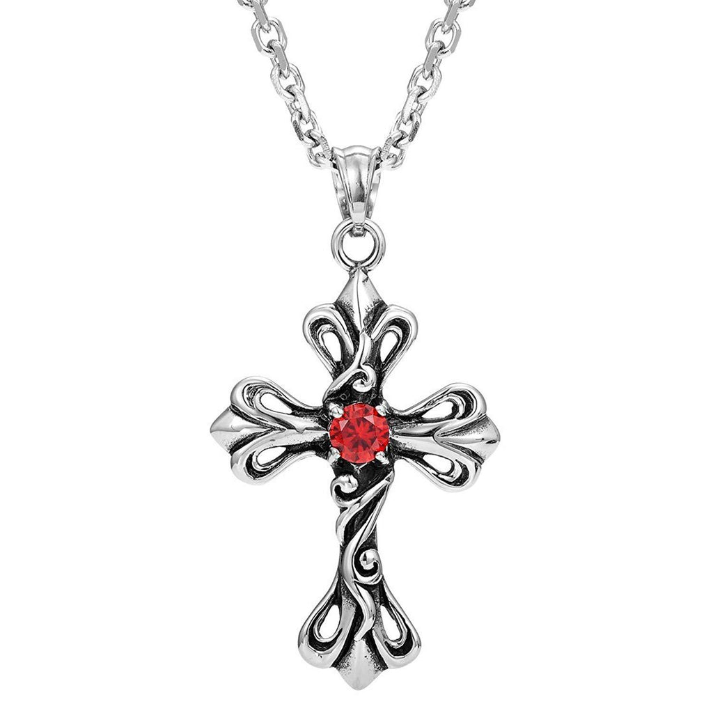 Vintage Royalty Celtic Shield Cross Necklace Cubic Zirconia Pendant (Silver Red)