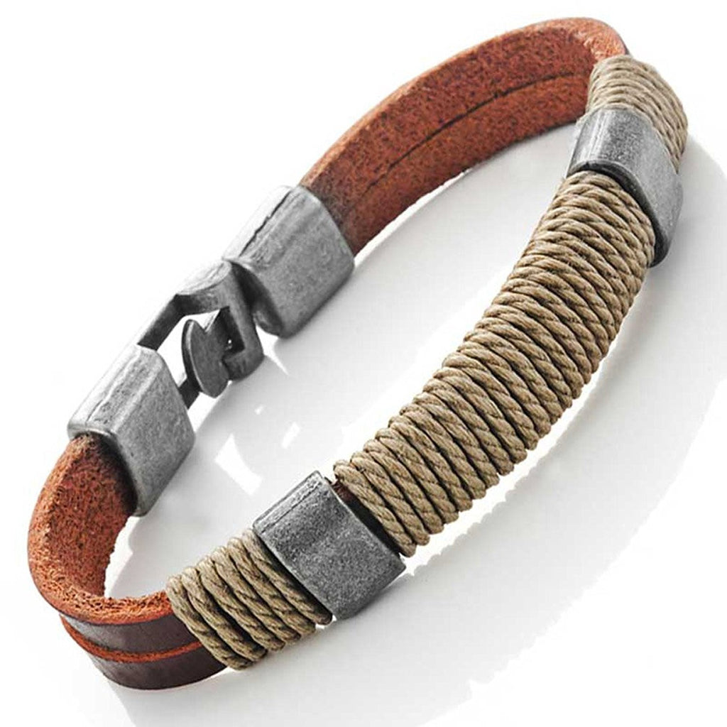 Dark Brown Leather Wound-around Nature Thread Bracelet for Him & Her,  Unisex,  Leather,  8"